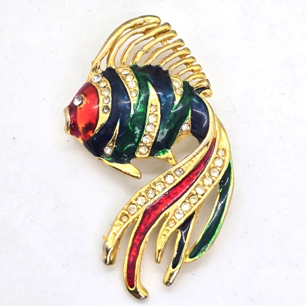 Vintage Enamel Fish Brooch with Crystals in Gold-tone